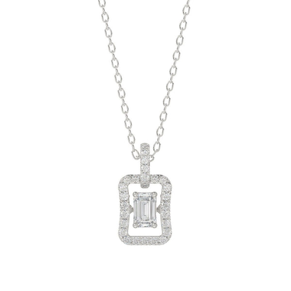 LADIES DANCING DIAMOND PENDANT WITH CHAIN 3/4CT ROUND/EMERALD DIAMOND 14K WHITE GOLD (CENTER STONE EMERALD DIAMOND 1/2CT)