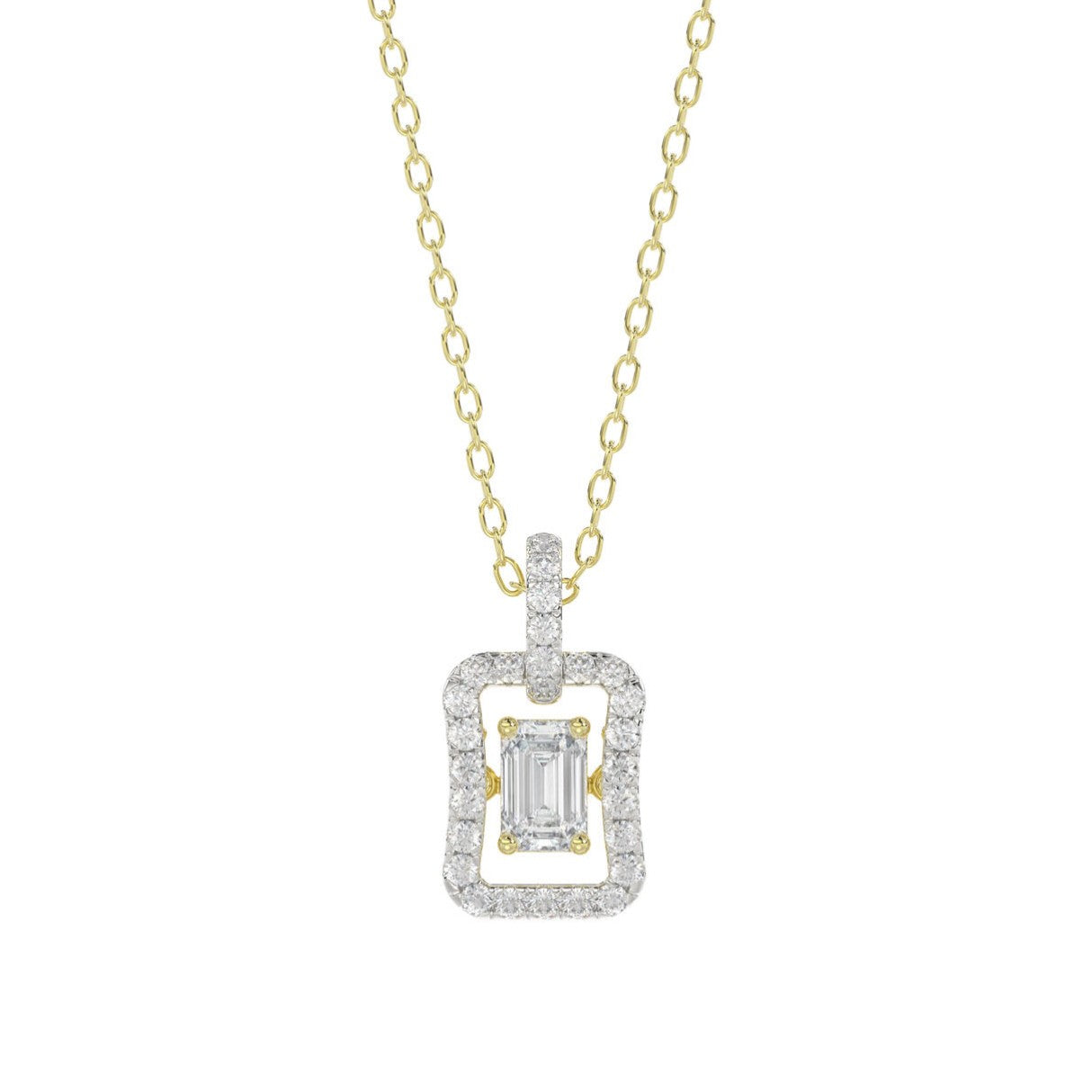 LADIES DANCING DIAMOND PENDANT WITH CHAIN 3/4CT ROUND/EMERALD DIAMOND 14K YELLOW GOLD (CENTER STONE EMERALD DIAMOND 1/2CT)
