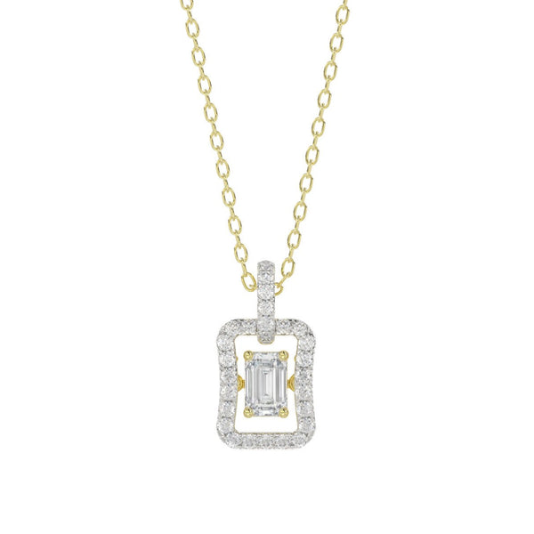 LADIES DANCING DIAMOND PENDANT WITH CHAIN 3/4CT ROUND/EMERALD DIAMOND 14K YELLOW GOLD (CENTER STONE EMERALD DIAMOND 1/2CT)