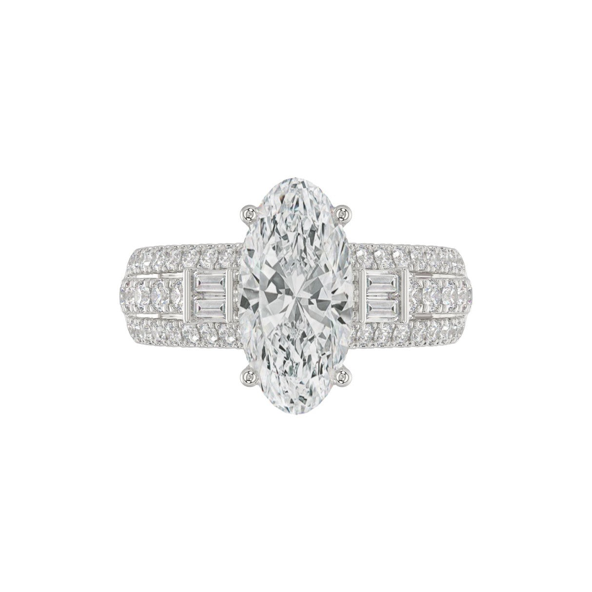 LADIES RING 4.00CT ROUND/OVAL/BAGUETTE DIAMOND WHITE PLATINUM (CENTER STONE OVAL DIAMOND 3CT)