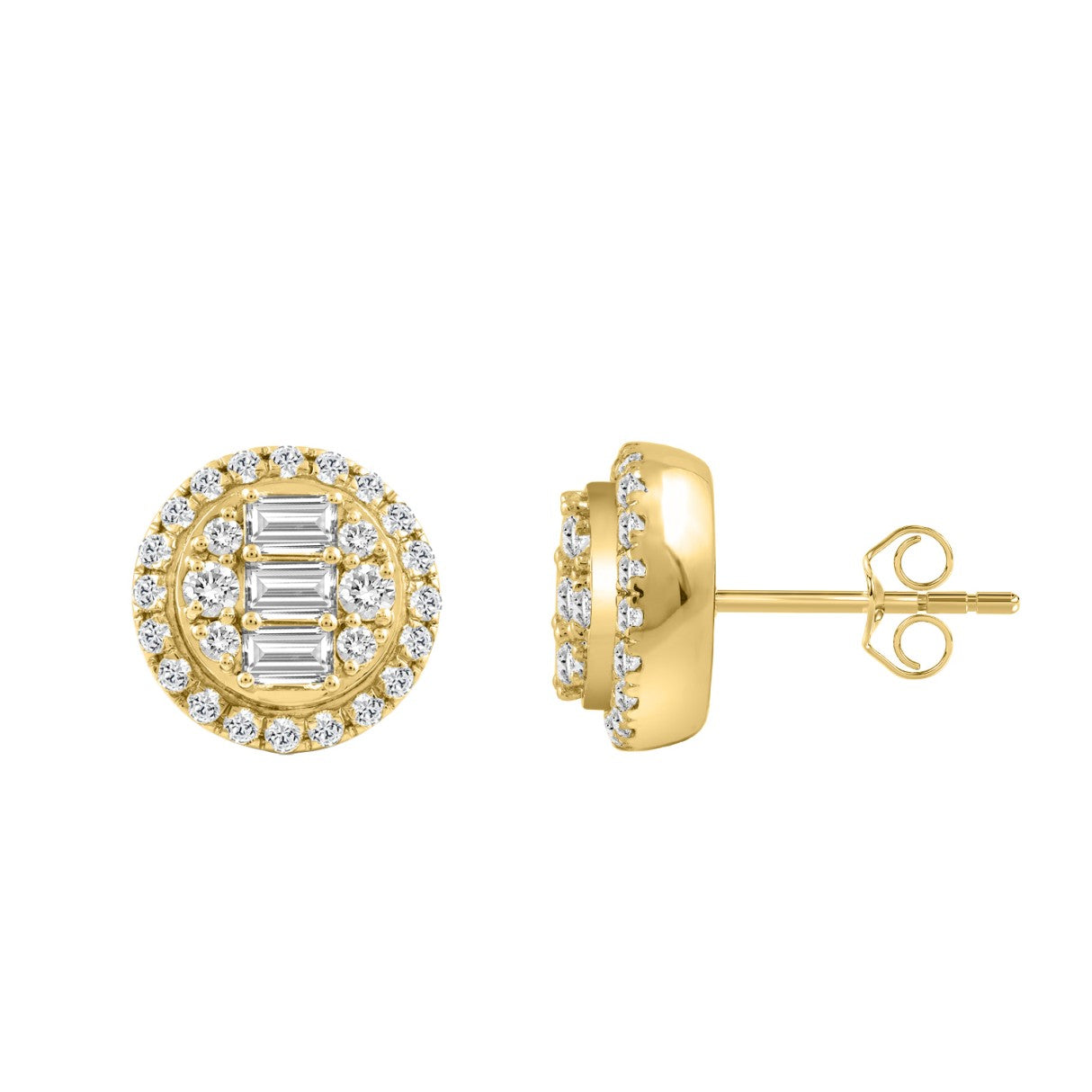 10K YELLOW GOLD 1 1/4CT ROUND/EMERALD DIAMOND LADIES EARRINGS 