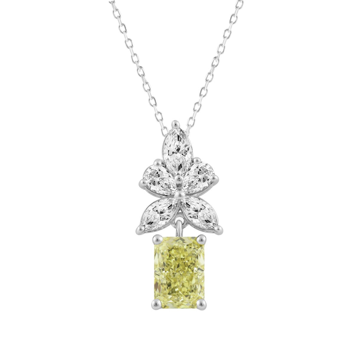 14K WHITE GOLD 2 1/4CT PEAR/MARQUISE/RADIANT DIAMOND LADIES PENDANT WITH CHAIN (CENTER STONE RADIANT DIAMOND 1 1/2CT)