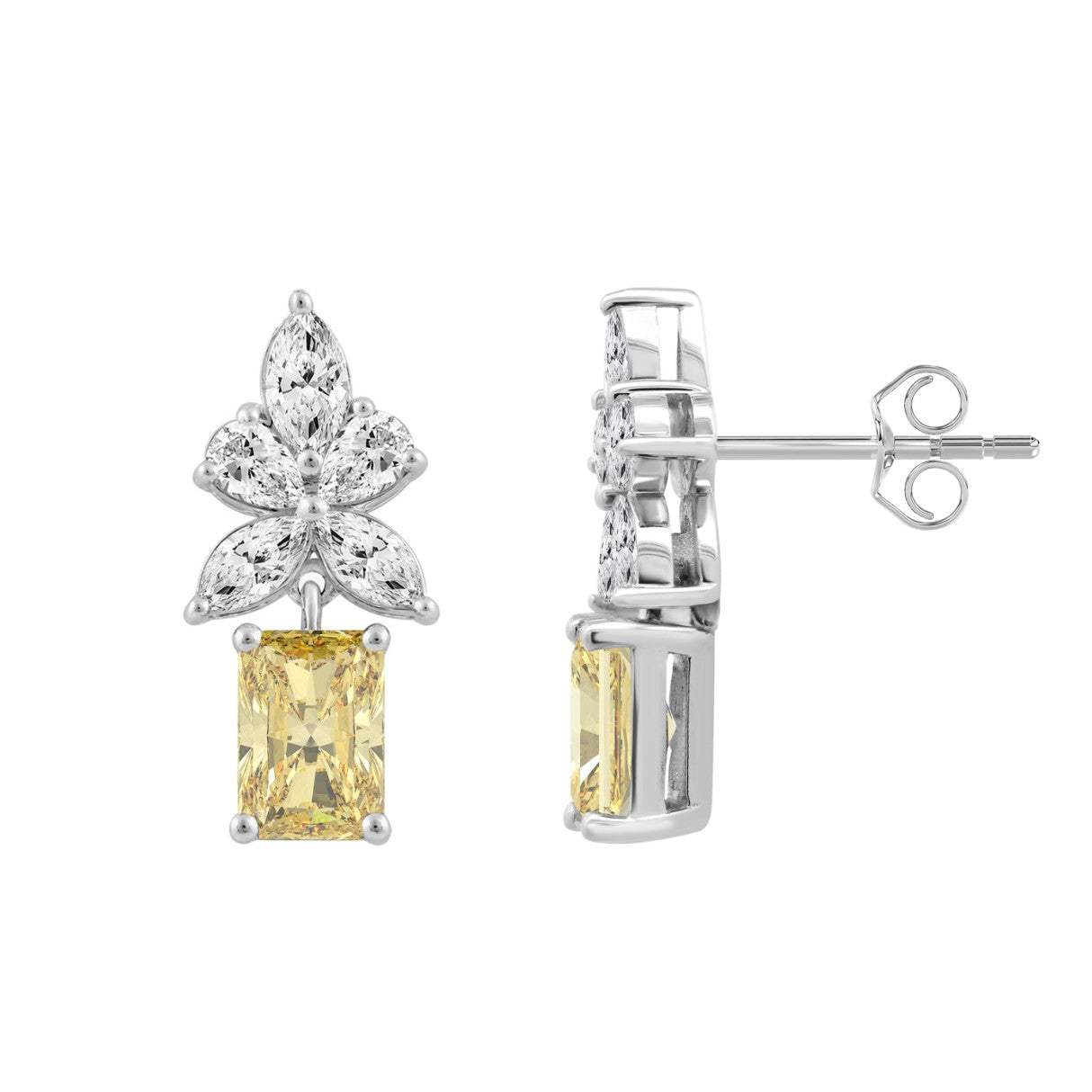 14K WHITE GOLD 3.00CT PEAR/MARQUISE/YELLOW RADIANT DIAMOND LADIES EARRING (CENTER STONE RADIANT DIAMOND 1CT)