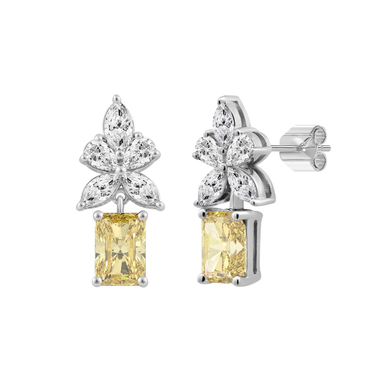 14K WHITE GOLD 3.00CT PEAR/MARQUISE/YELLOW RADIANT DIAMOND LADIES EARRING (CENTER STONE RADIANT DIAMOND 1CT)