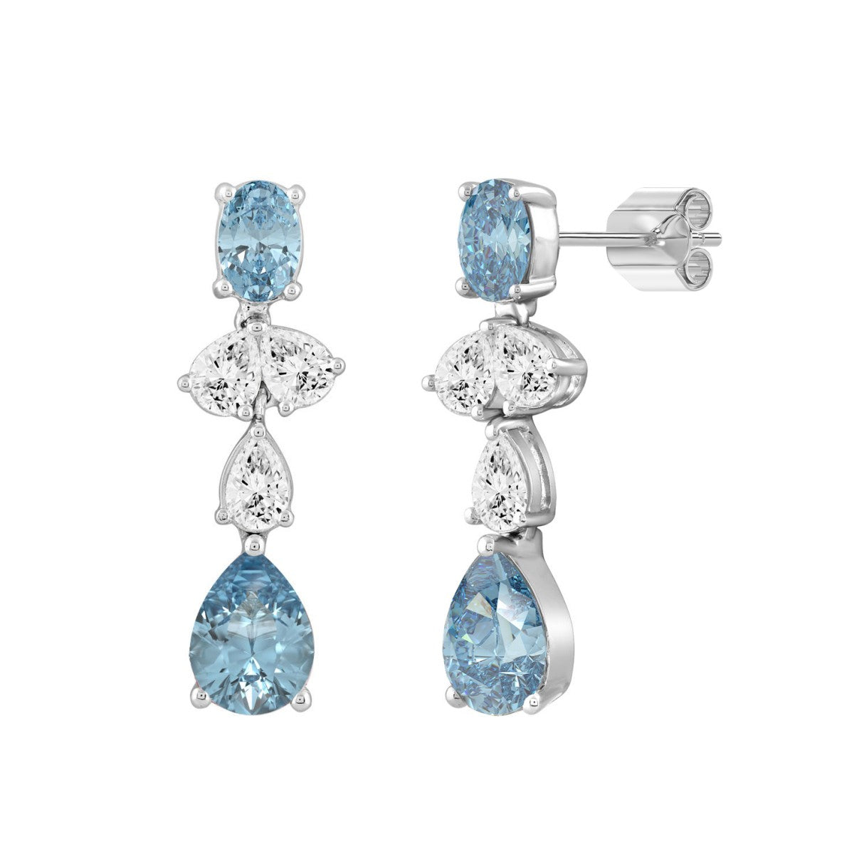 14K WHITE GOLD 3 1/2CT OVAL/PEAR DIAMOND LADIES EARRINGS (BLUE PEAR DIAMOND 3/4CT/BLUE OVAL DIAMOND 1/2CT)