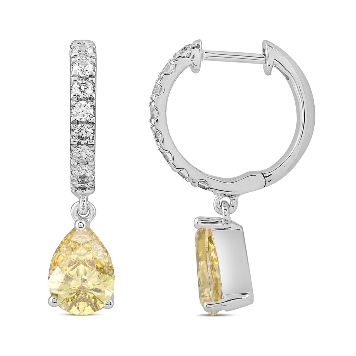 14K WHITE GOLD 2.00CT ROUND/YELLOW PEAR DIAMOND LADIES HOOP EARRINGS 
