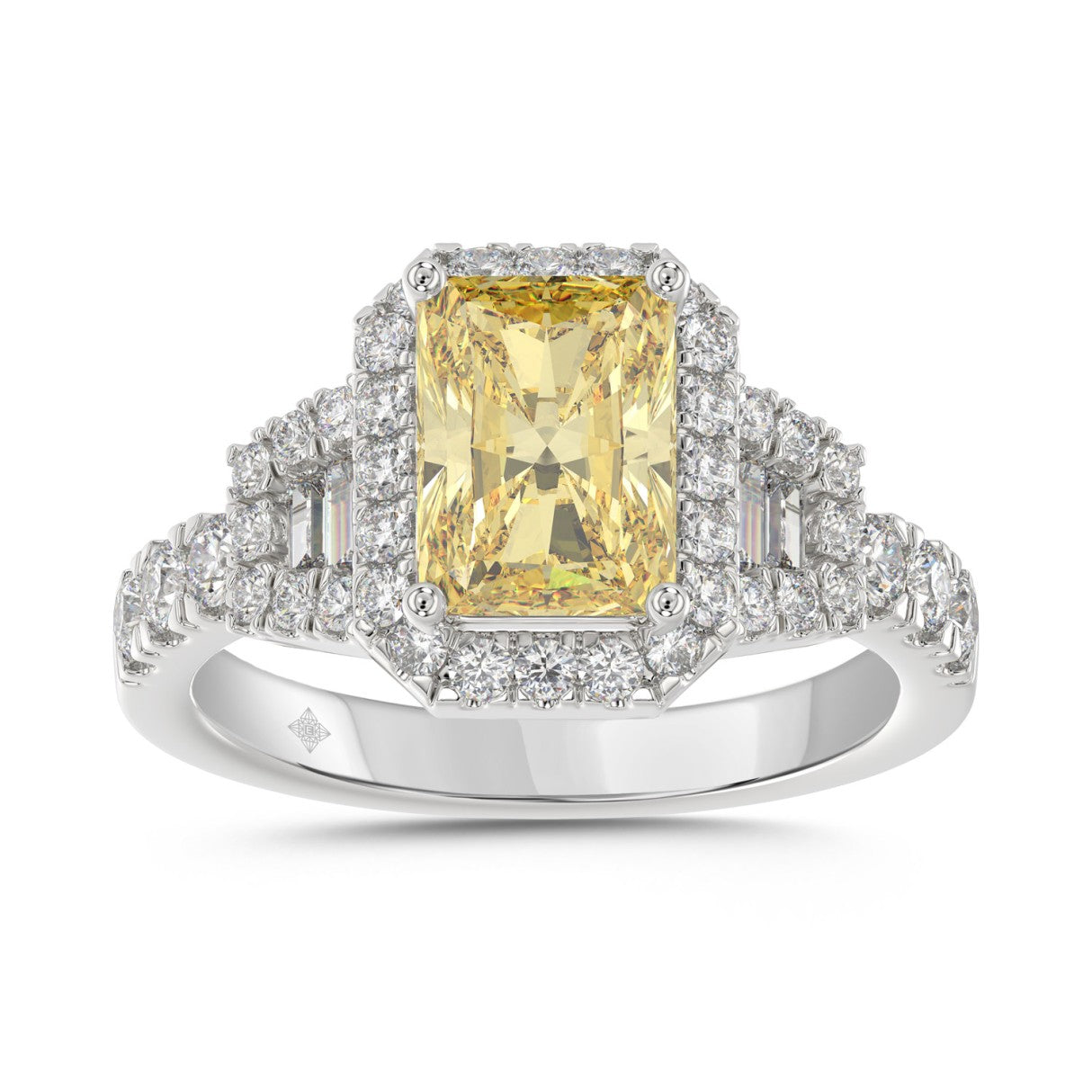 14K WHITE GOLD 2 3/4CT ROUND/BAGUETTE/RADIANT DIAMOND LADIES RING (CENTER STONE YELLOW RADIANT DIAMOND 2CT)