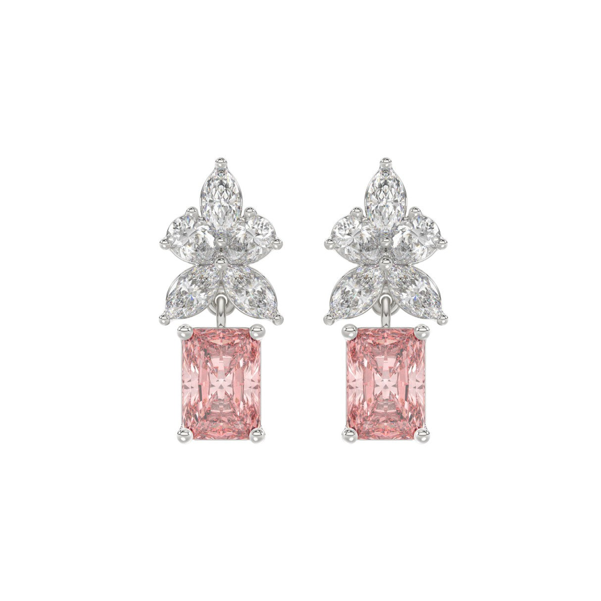 14K WHITE GOLD 3.00CT PEAR/MARQUISE/PINK RADIANT DIAMOND LADIES EARRINGS