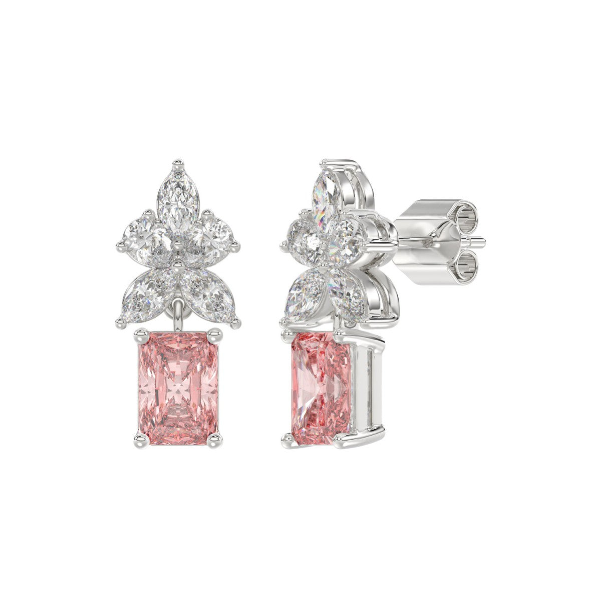 14K WHITE GOLD 3.00CT PEAR/MARQUISE/PINK RADIANT DIAMOND LADIES EARRINGS