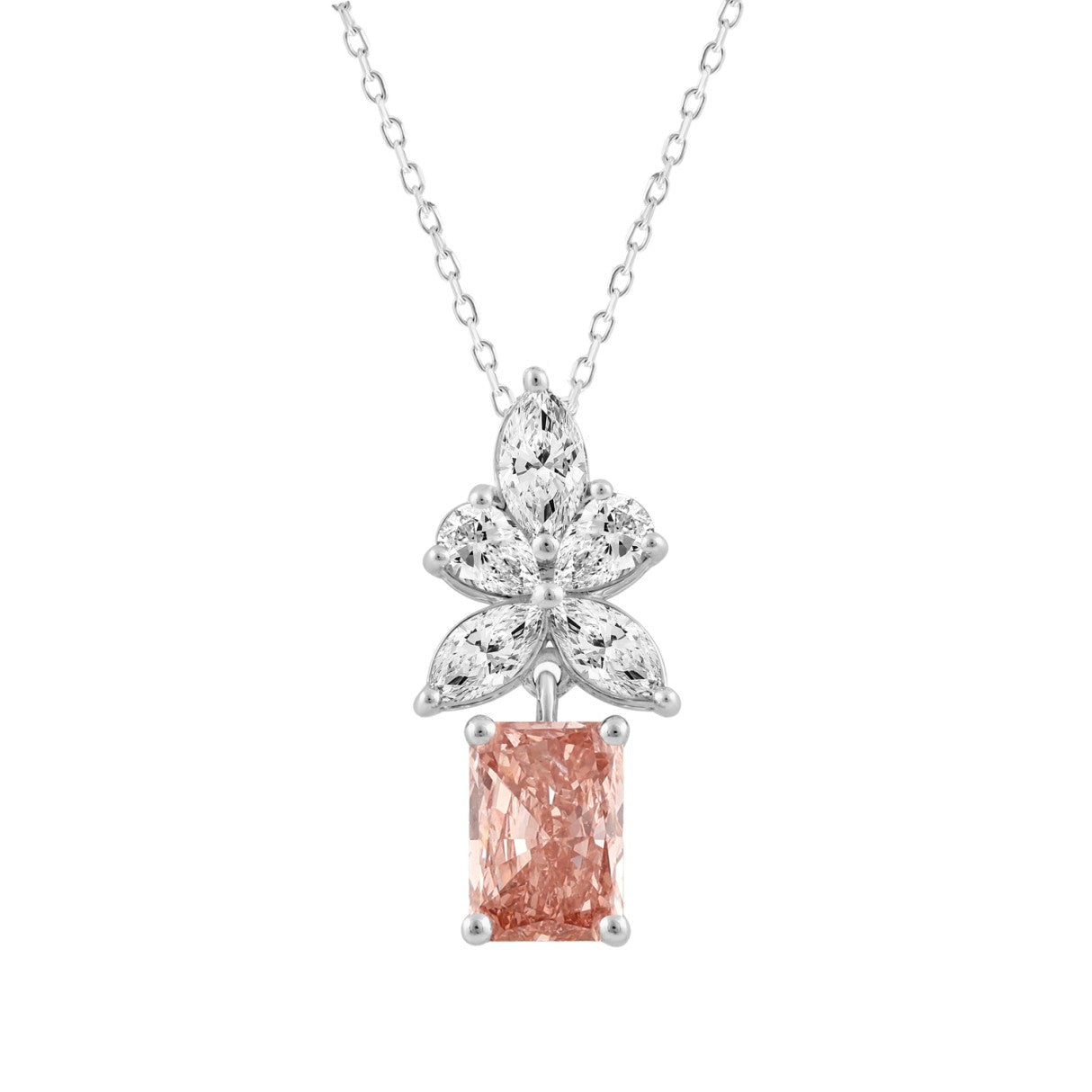 14K WHITE GOLD 2 1/4CT PEAR/MARQUISE/PINK RADIANT DIAMOND LADIES PENDANT WITH CHAIN (CENTER STONE RADIANT DIAMOND 1 1/2CT)