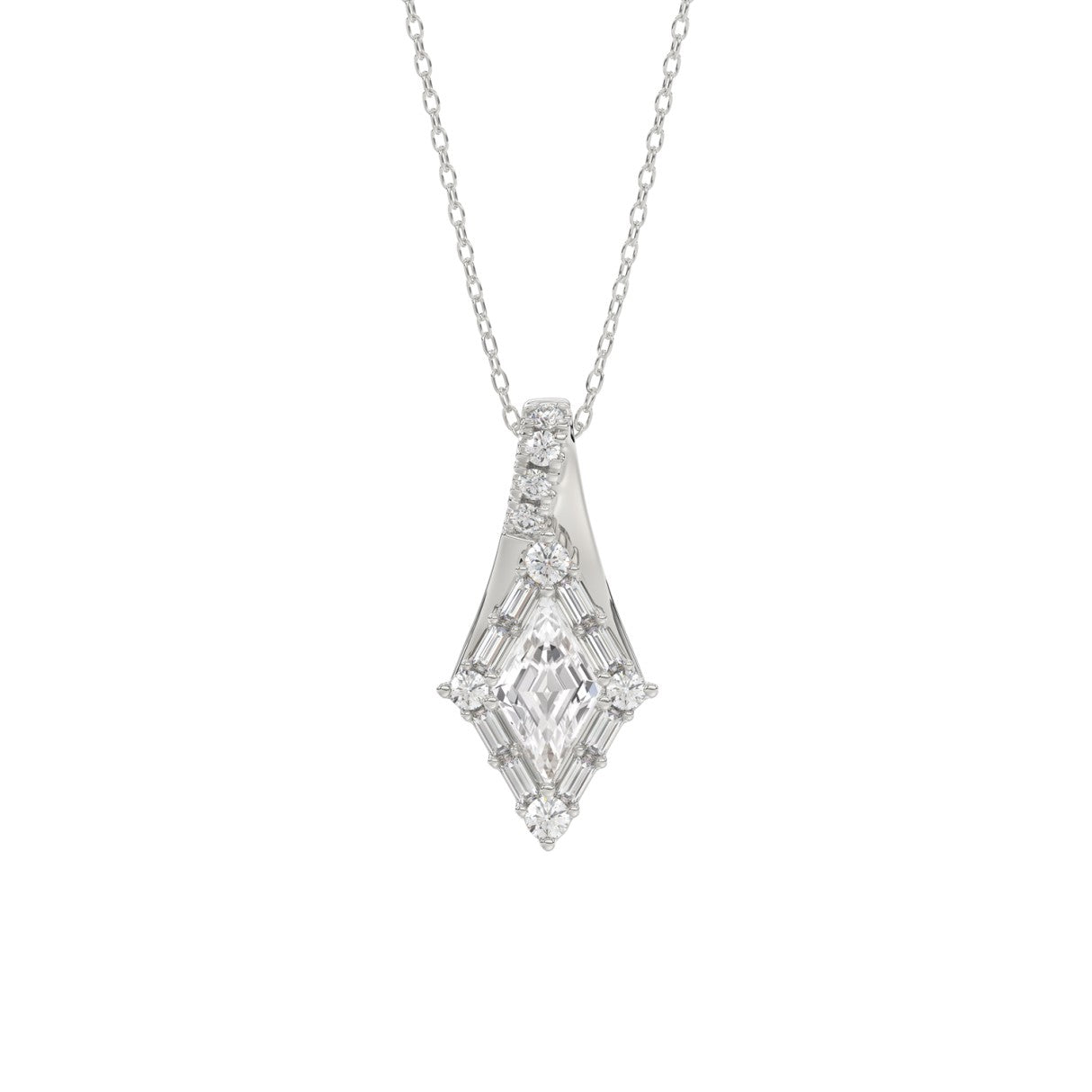 14K WHITE GOLD 1.00CT ROUND/BAGUETTE/KITE STEP CUT DIAMOND LADIES PENDANT
