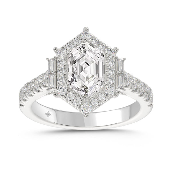 14K WHITE GOLD 2 1/4CT ROUND/BAGUETTE/HEXAGON DIAMOND LADIES RING