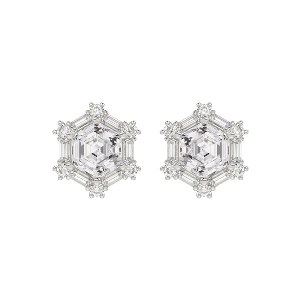 14K WHITE GOLD 1 1/4CT ROUND/BAGUETTE/HEZAGON STEP CUT DIAMOND LADIES EARRINGS