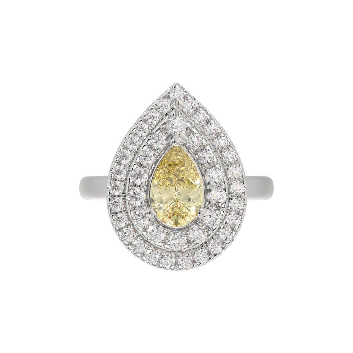 14K WHITE GOLD CRAFTED WITH 18K YELLOW GOLD SHANK  2 1/2CT ROUND/YELLOW PEAR DIAMOND LADIES RING
