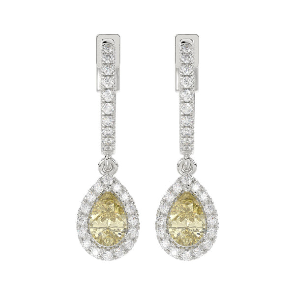 14K WHITE GOLD CRAFTED WITH 18K YELLOW GOLD BACK PLATE 1 1/2CT ROUND/YELLOW PEAR  DIAMOND LADIES EARRINGS