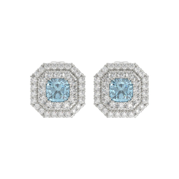 14K WHITE GOLD CRAFTED WITH 18K YELLOW GOLD BACK PLATE 1 1/2CT ROUND/BLUE CUSHION DIAMOND LADIES EARRINGS