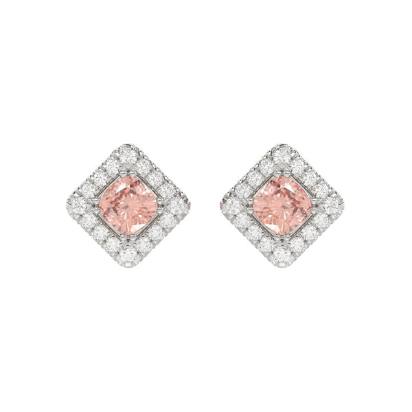 14K WHITE GOLD CRAFTED WITH 18K YELLOW GOLD BACK PLATE 1 1/4CT ROUND/PINK CUSHION DIAMOND LADIES EARRINGS
