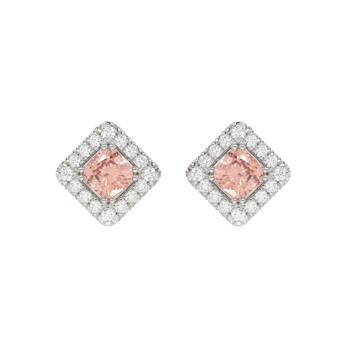 14K WHITE GOLD CRAFTED WITH 18K YELLOW GOLD BACK PLATE 1 1/4CT ROUND/PINK CUSHION DIAMOND LADIES EARRINGS