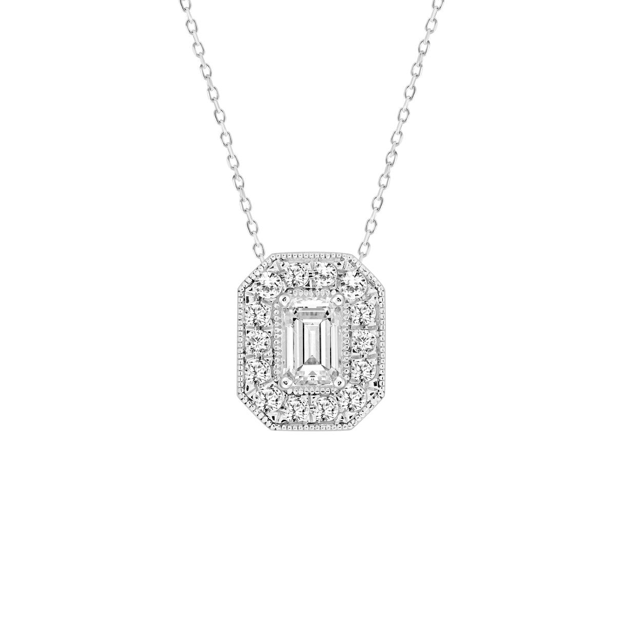 14K WHITE GOLD 1.00CT ROUND/EMERALD DIAMOND LADIES PENDANT (CENTER STONE EMERALD DIAMOND 3/4CT)