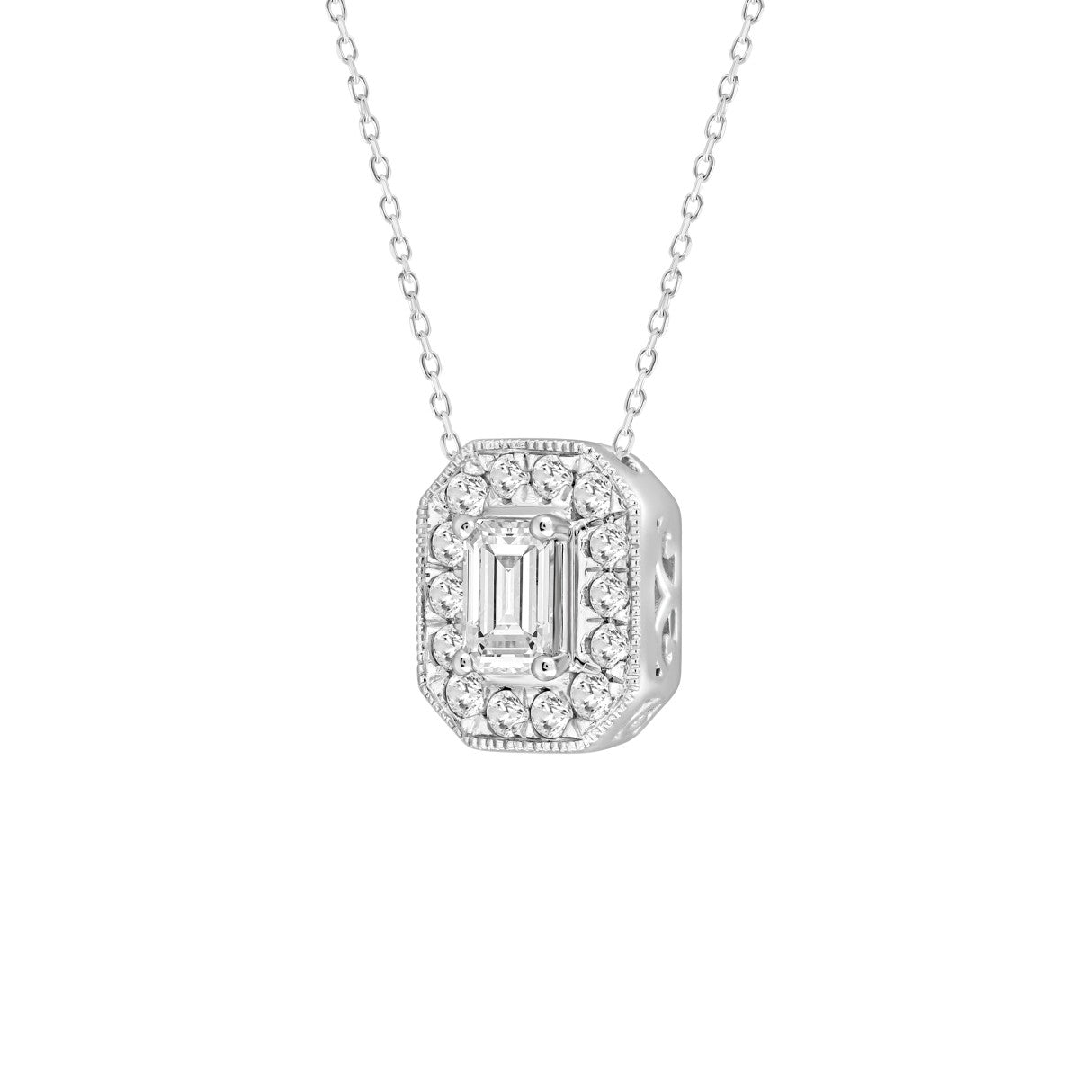 14K WHITE GOLD 1.00CT ROUND/EMERALD DIAMOND LADIES PENDANT (CENTER STONE EMERALD DIAMOND 3/4CT)