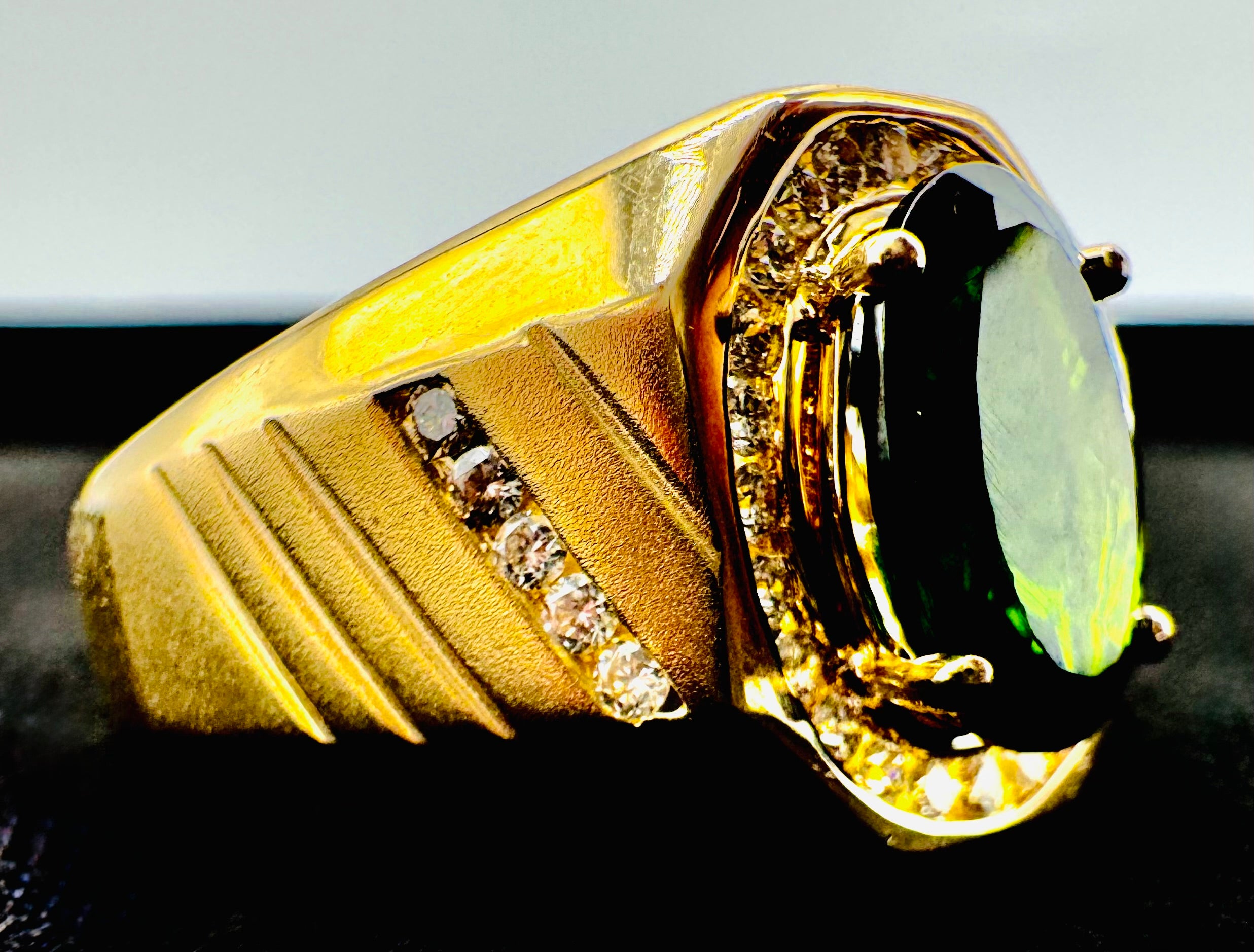 14k Yellow Gold, Green Stone Diamond Ring