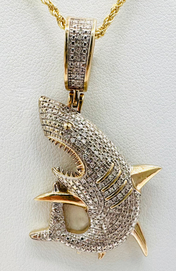 10k Yellow Gold Diamond Shark Pendant Set