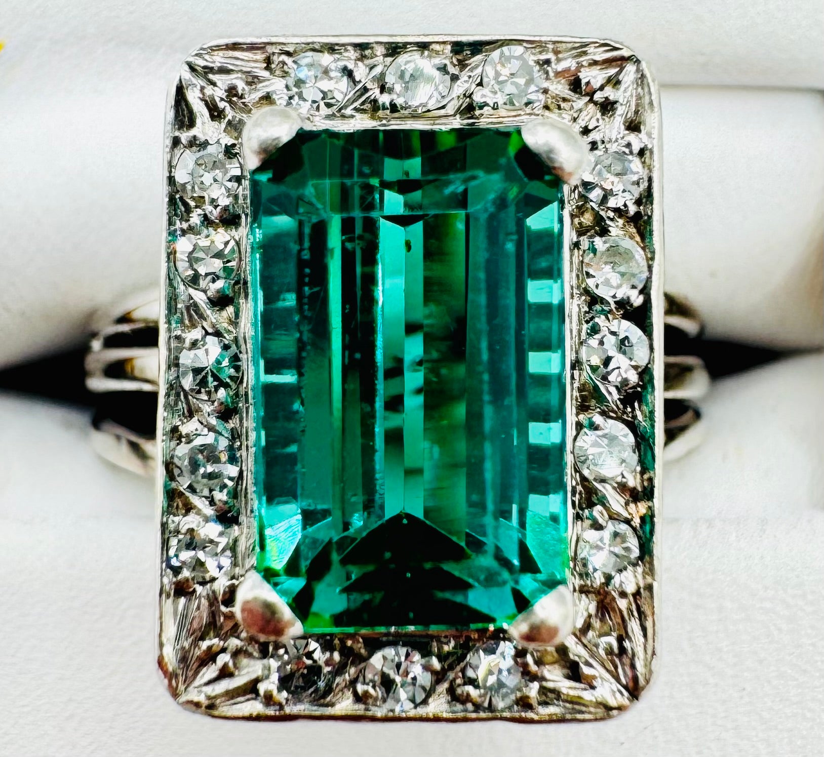 14k White Gold, Green Tourmaline/ Diamond Ring