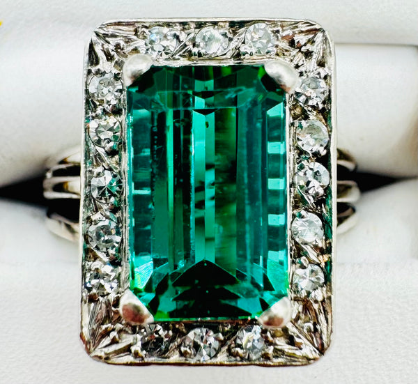 14k White Gold, Green Tourmaline/ Diamond Ring