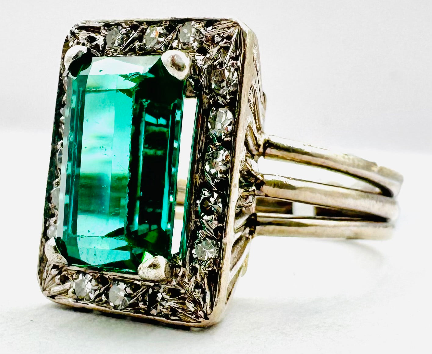 14k White Gold, Green Tourmaline/ Diamond Ring