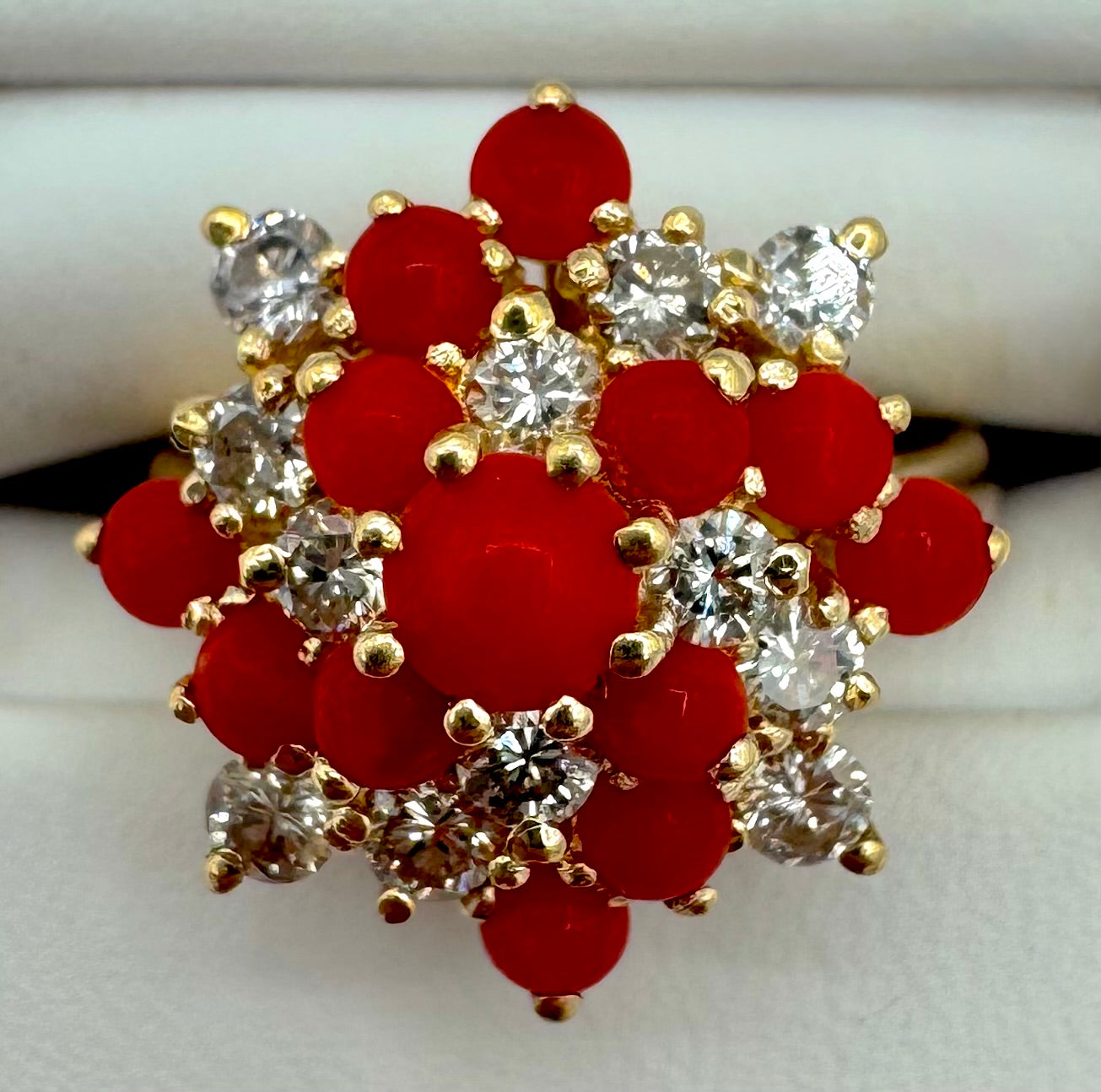 14k Yellow Gold Coral/ Diamond  Ring