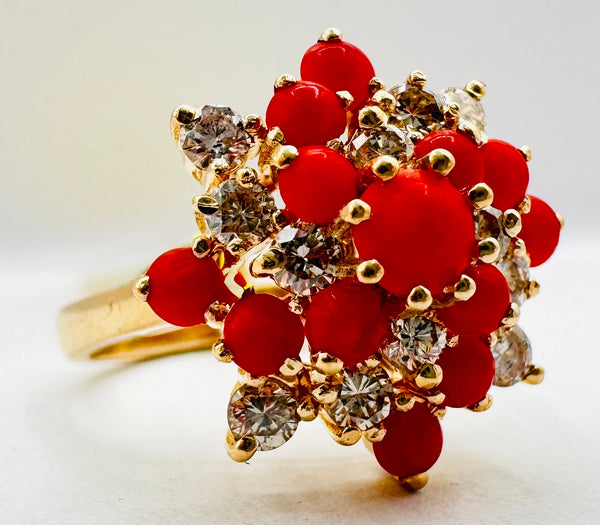 14k Yellow Gold Coral/ Diamond  Ring