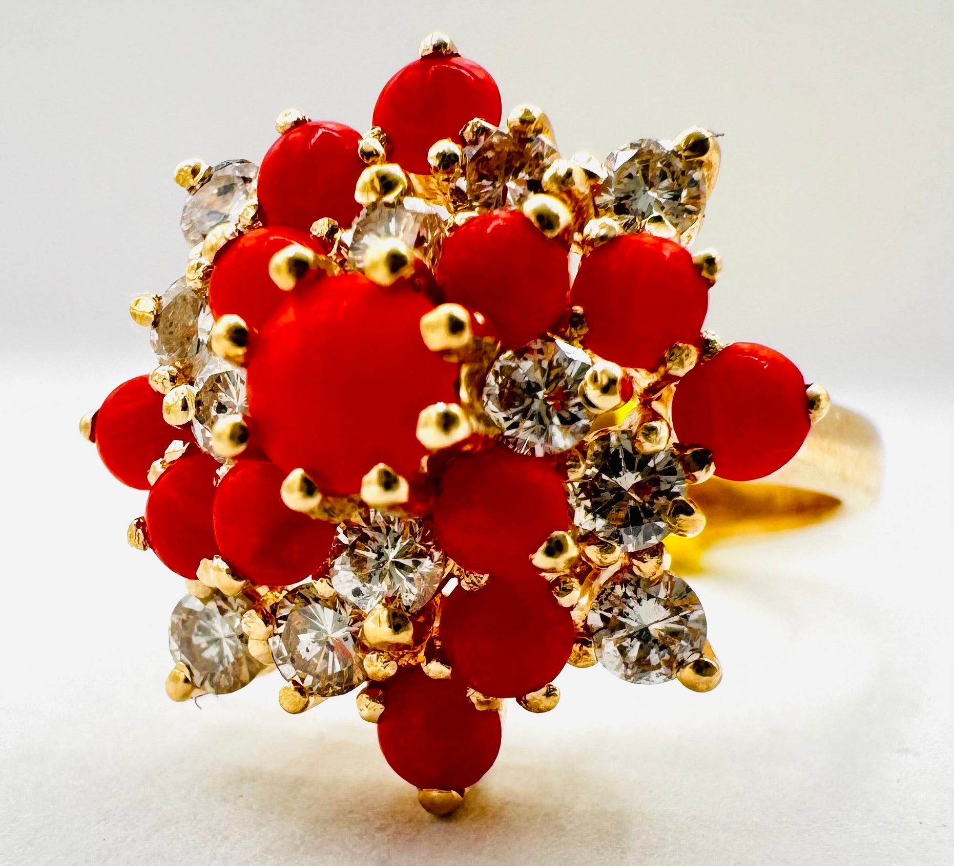14k Yellow Gold Coral/ Diamond  Ring