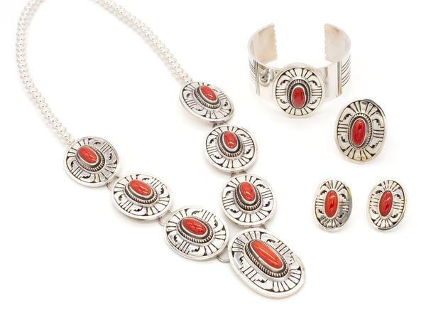 Leonard Nez Four-Piece Navajo Handmade Sterling Silver Coral Jewelry Set