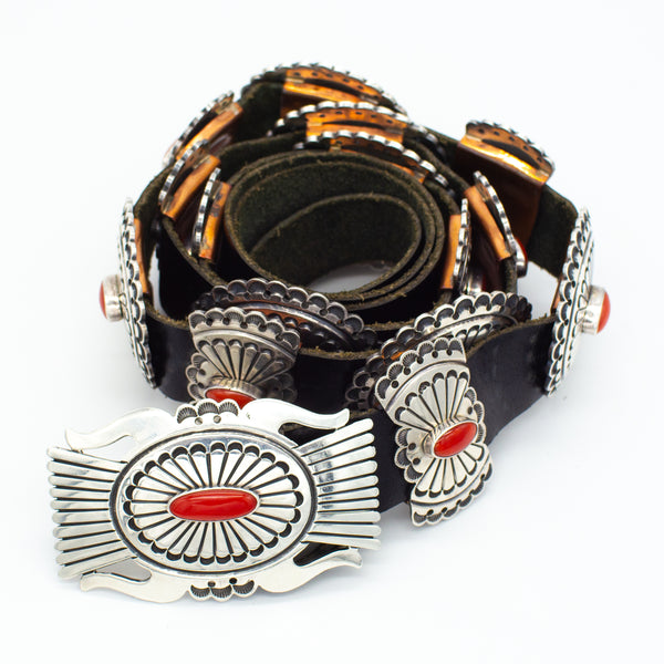 Leonard Nez Navajo Handmade Sterling Silver Mediterranean Coral Concho Belt