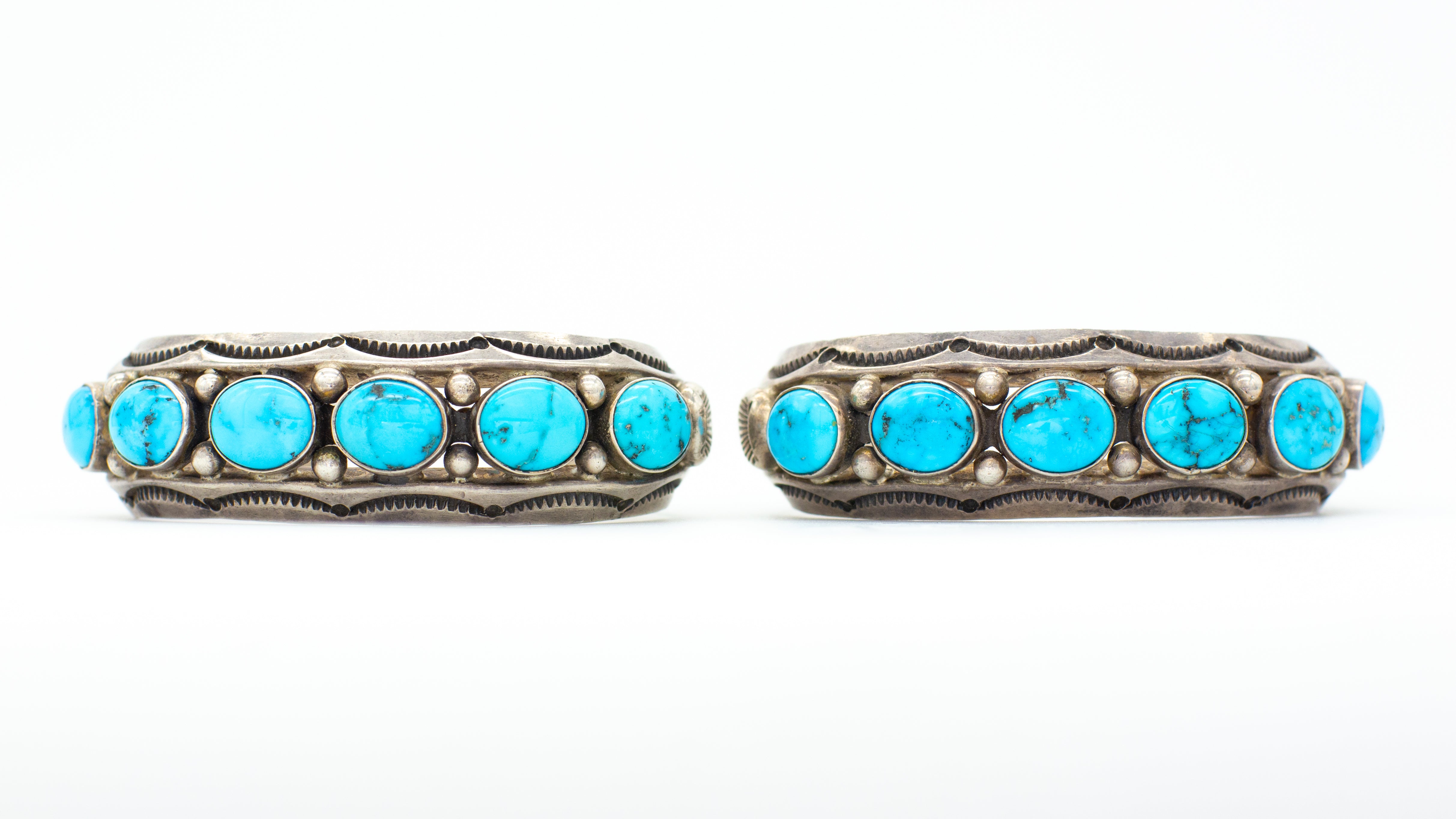 Fred Thompson Navajo Handmade Sterling Silver Turquoise Matching Cuff Bracelets Set