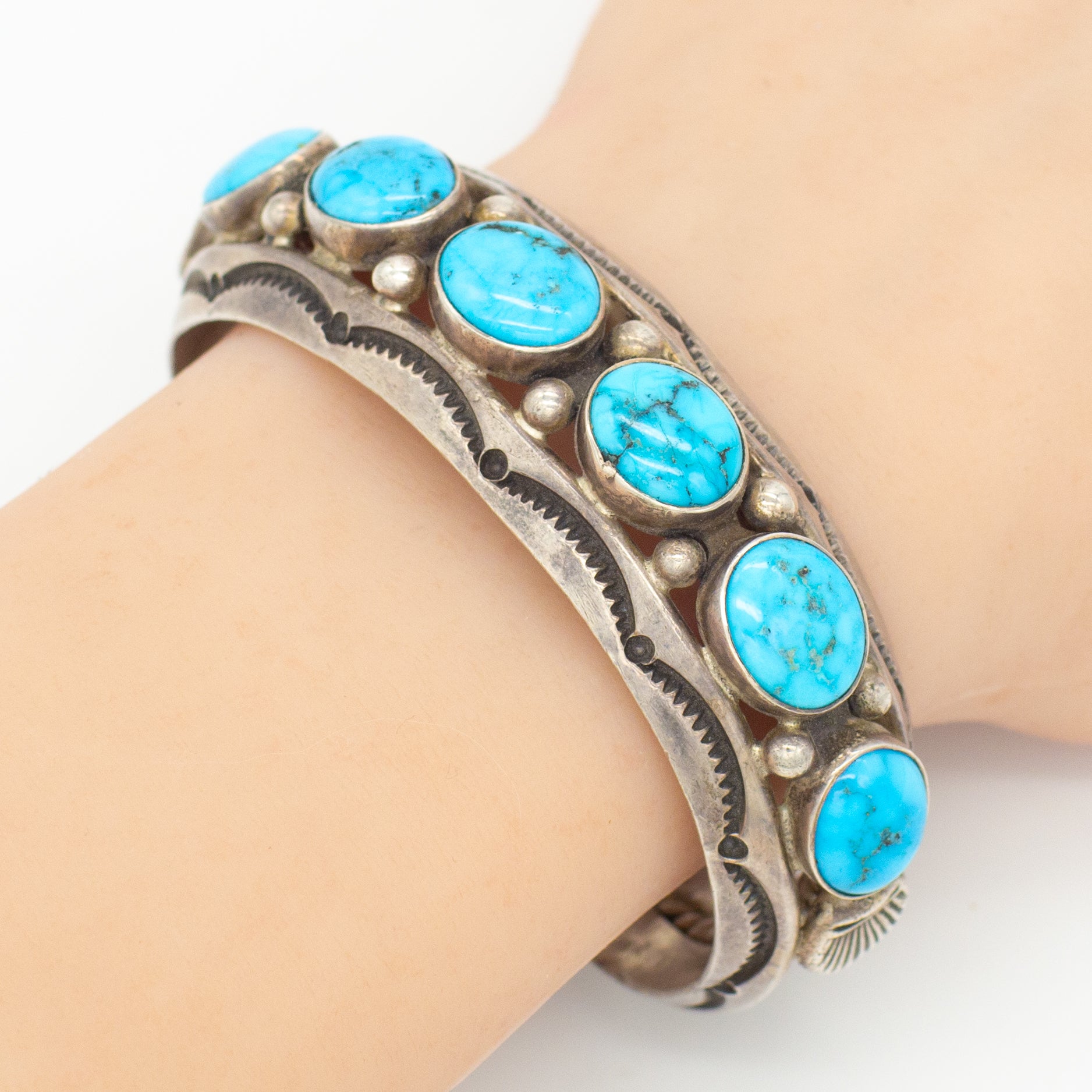 Fred Thompson Navajo Handmade Sterling Silver Turquoise Matching Cuff Bracelets Set