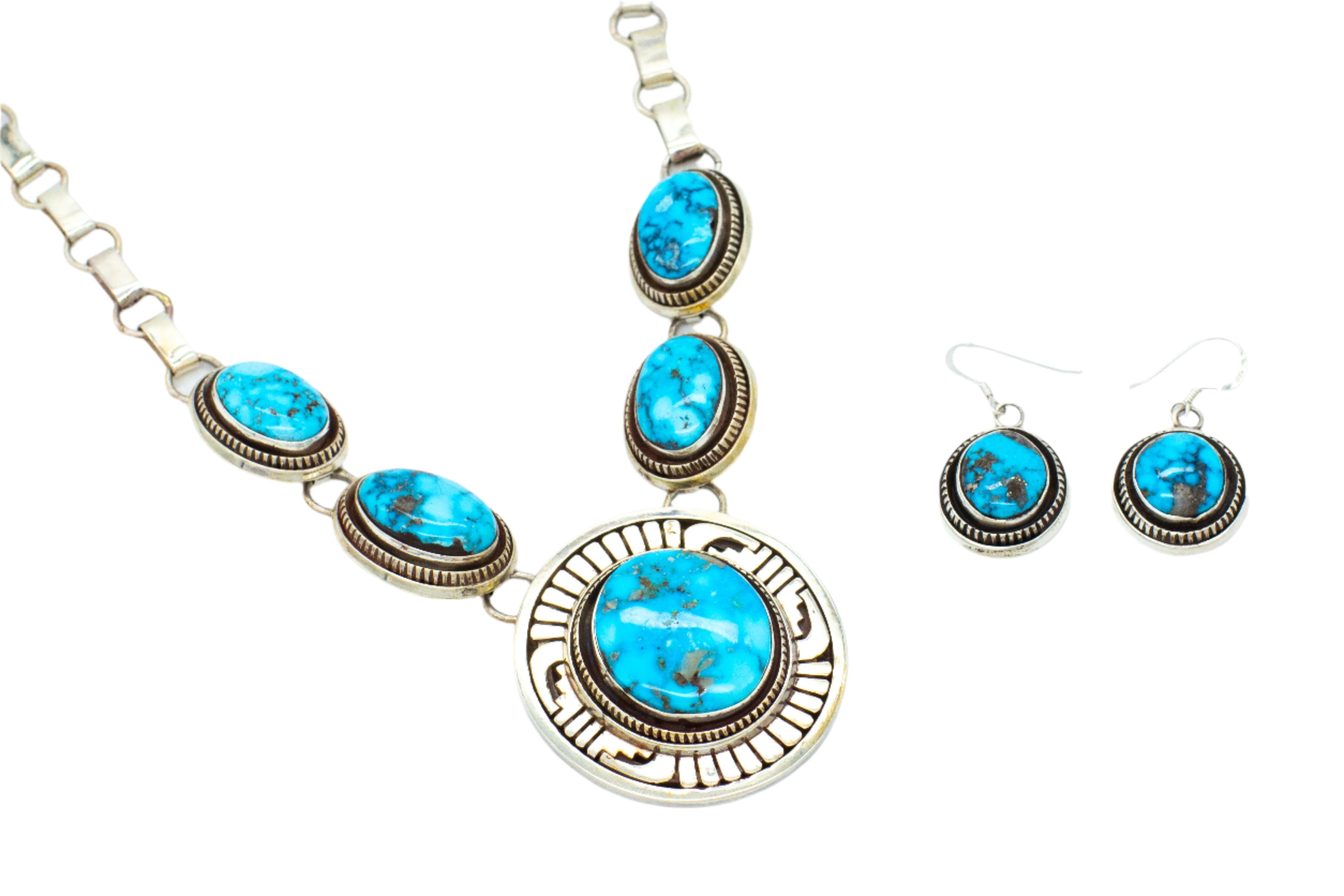 Leonard Nez Navajo Handmade Sterling Silver Turquoise Pendant Necklace and Earrings Set