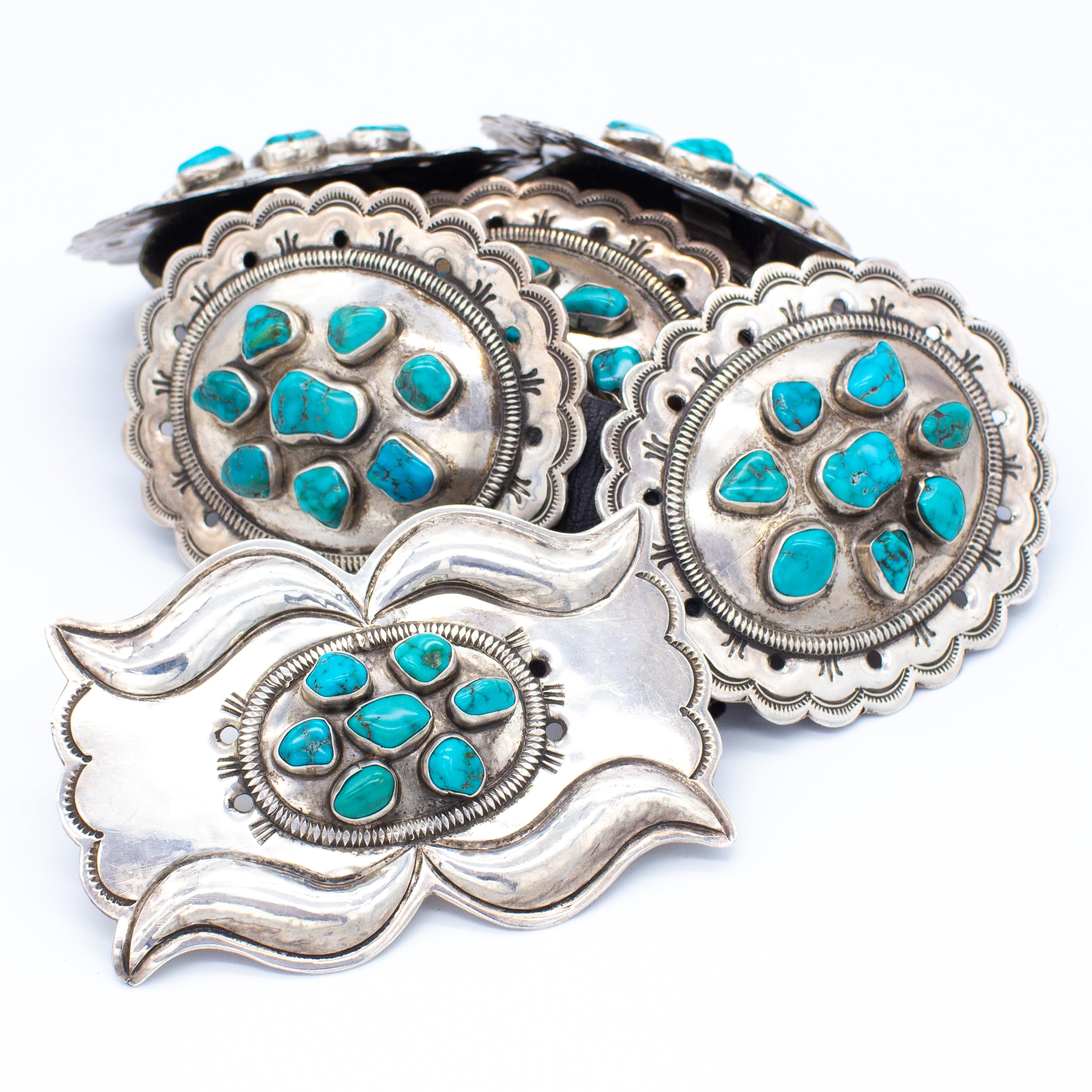 John B Quintana Cochiti Handmade Sterling Silver Turquoise Concho Belt