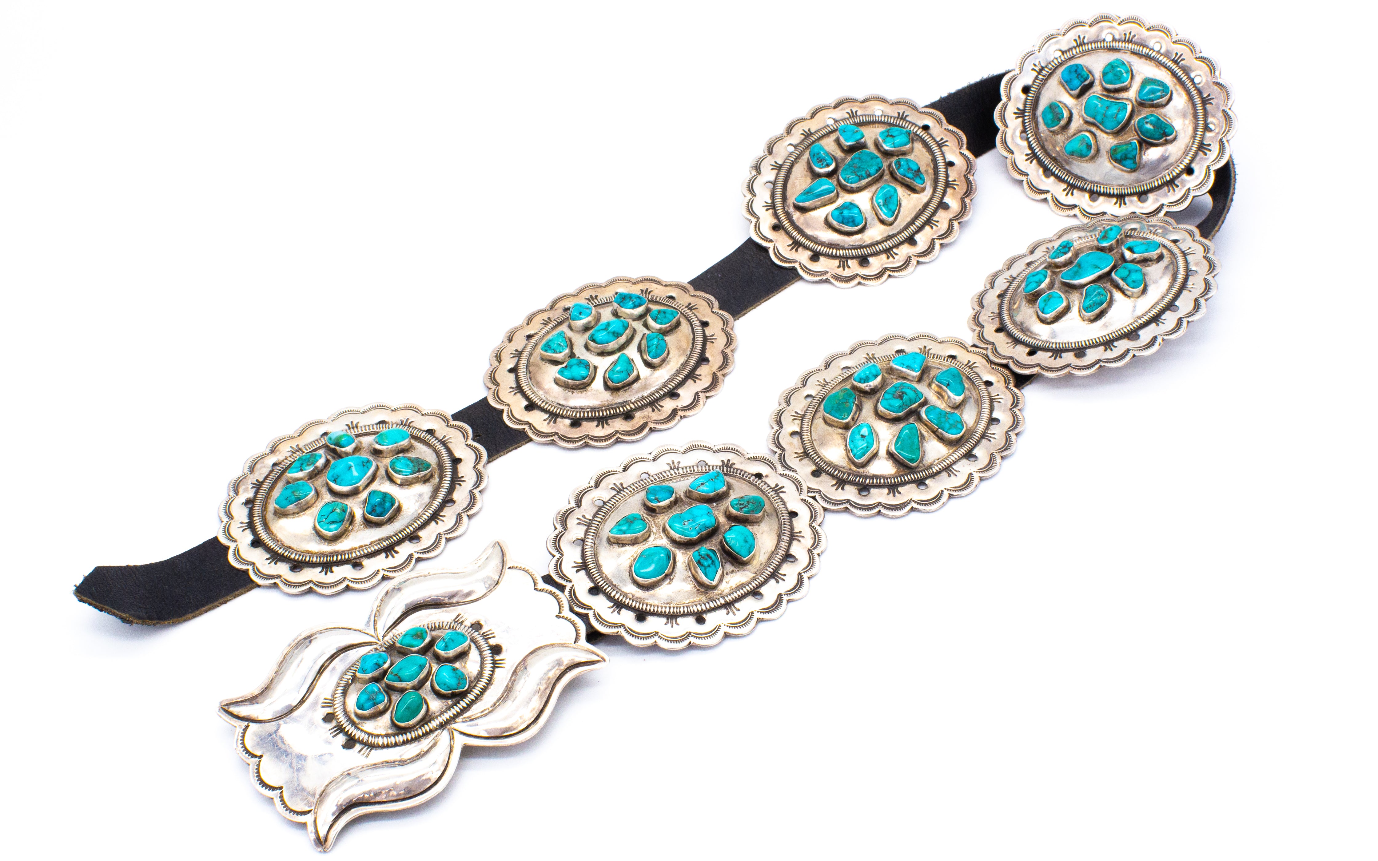 John B Quintana Cochiti Handmade Sterling Silver Turquoise Concho Belt