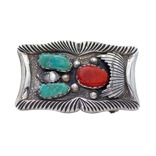 Mike Simplicio Vintage Sterling Silver Coral & Turquoise Belt Buckle