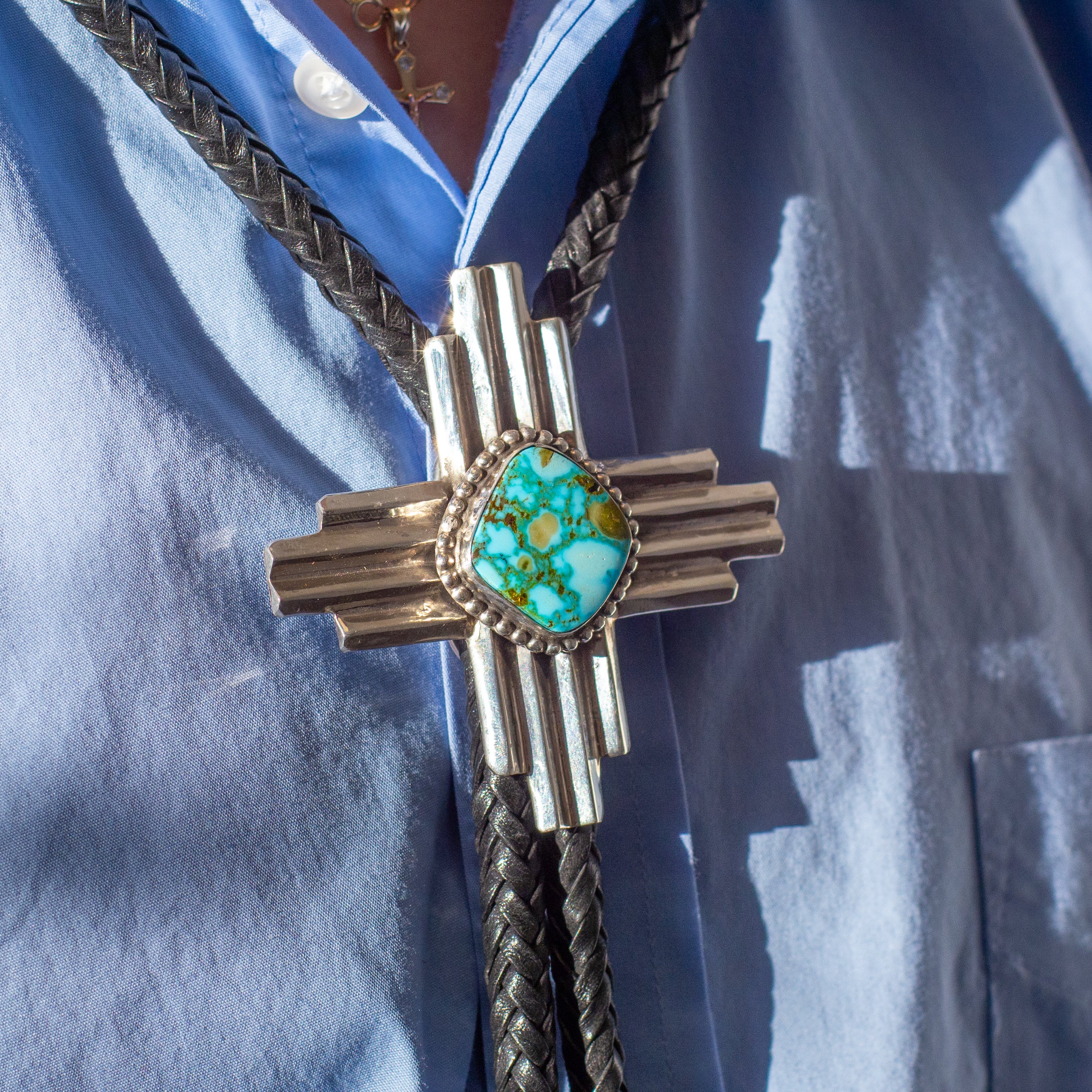 Pricilla Apache Navajo Handmade Sterling Silver Turquoise Bolo Tie