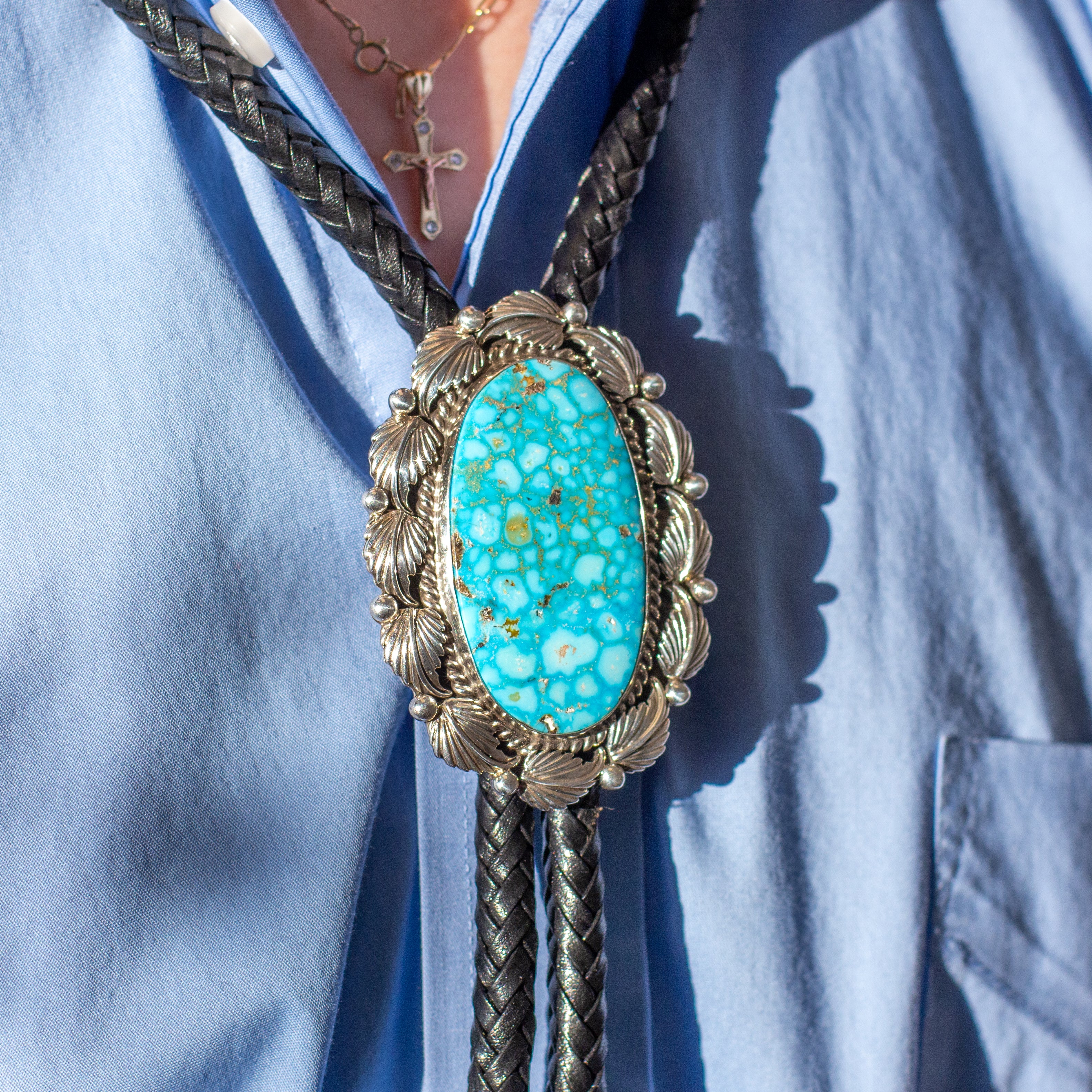 Pricilla Apache Navajo Handmade Sterling Silver Turquoise Bolo Tie