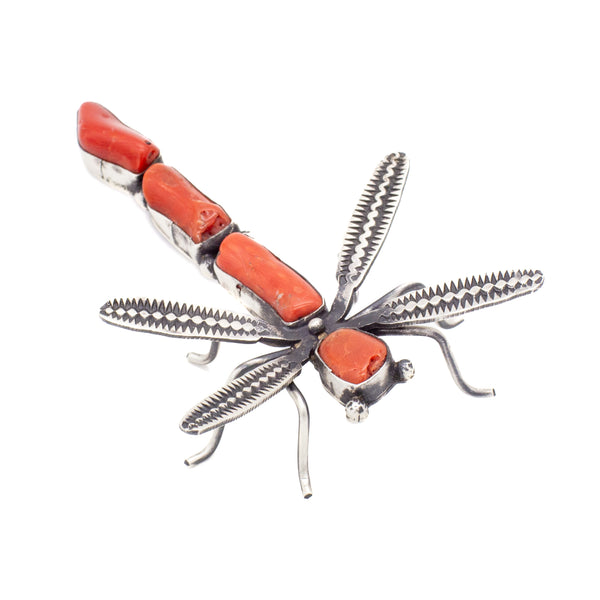 Herbert Ration Navajo Handmade 925 Sterling Silver Mediterranean Coral Dragonfly Pin