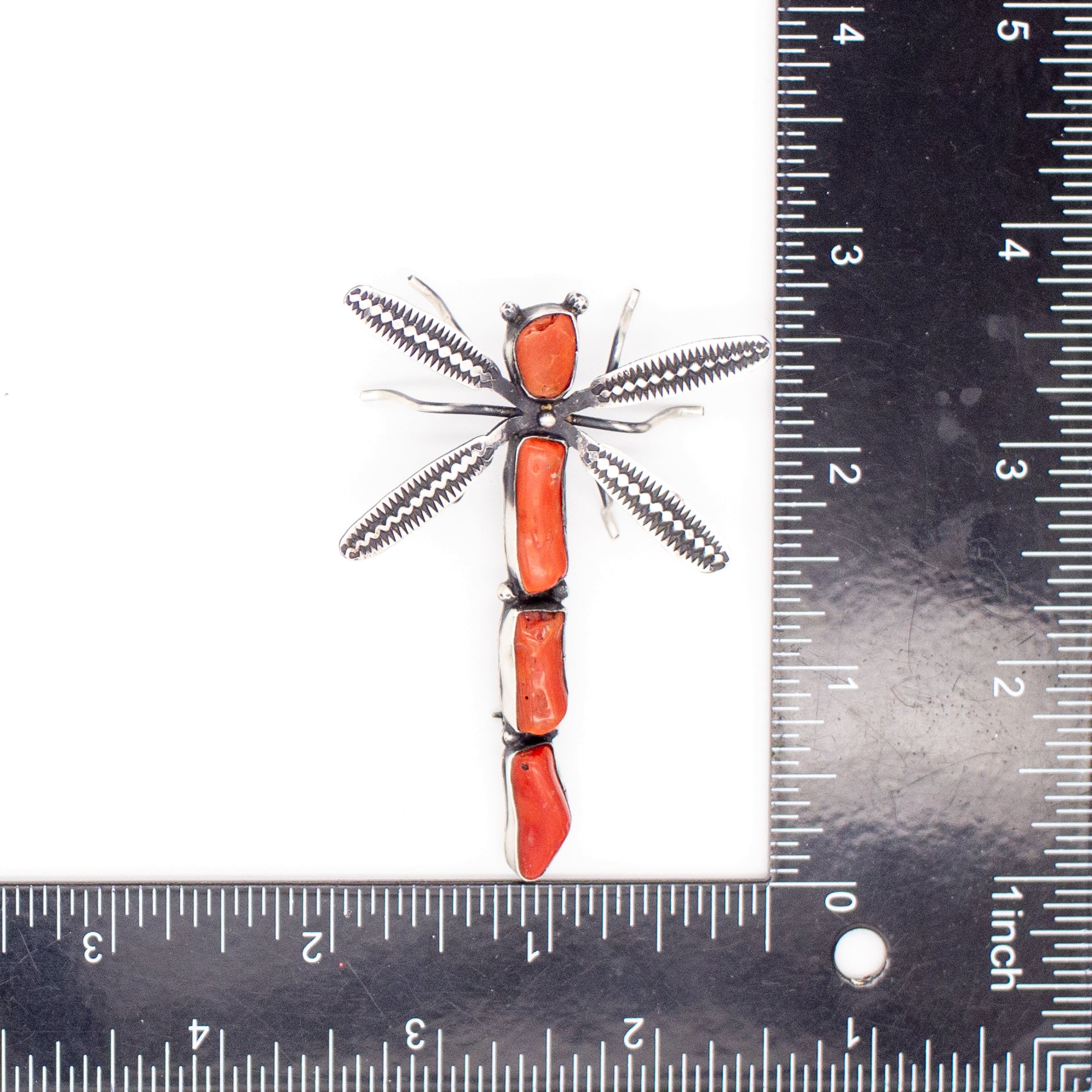 Herbert Ration Navajo Handmade 925 Sterling Silver Mediterranean Coral Dragonfly Pin