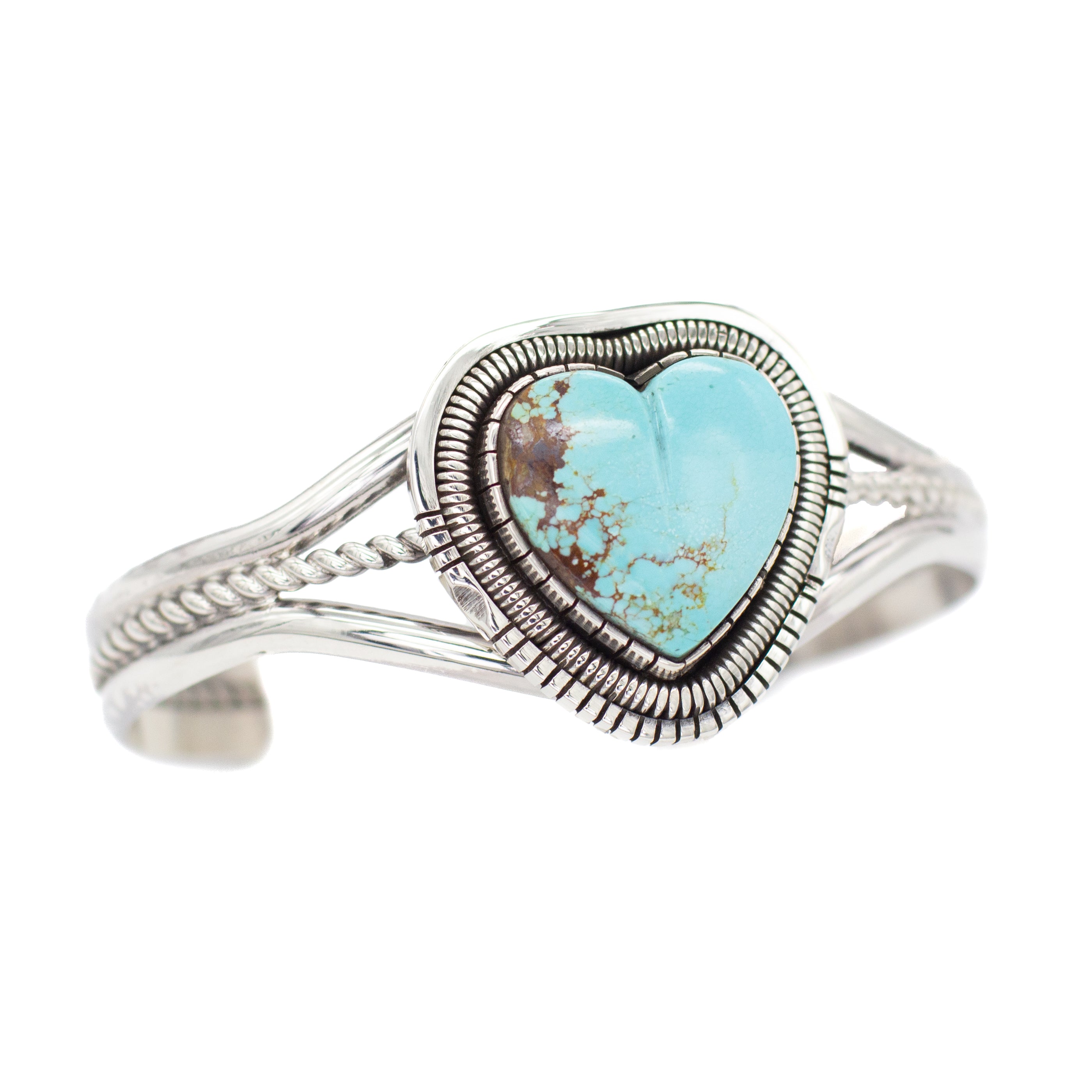 Walter Vandaver Navajo Handmade Sterling Silver Turquoise Heart Cuff Bracelet