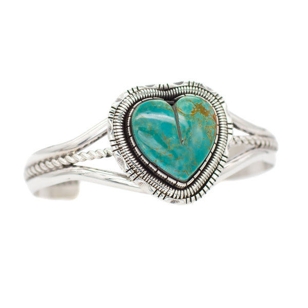 Walter Vandaver Navajo Handmade Sterling Silver Turquoise Heart Cuff Bracelet