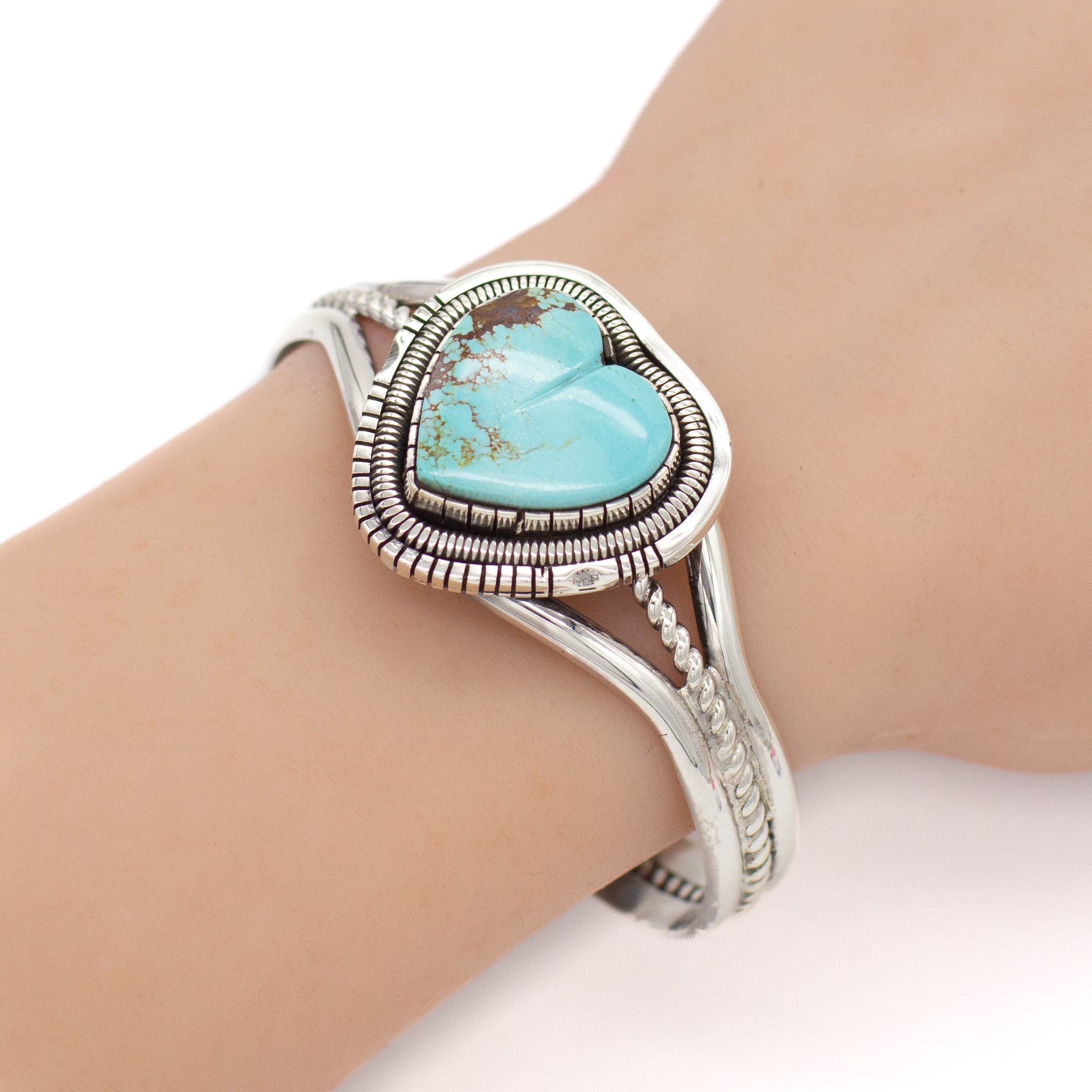 Walter Vandaver Navajo Handmade Sterling Silver Turquoise Heart Cuff Bracelet