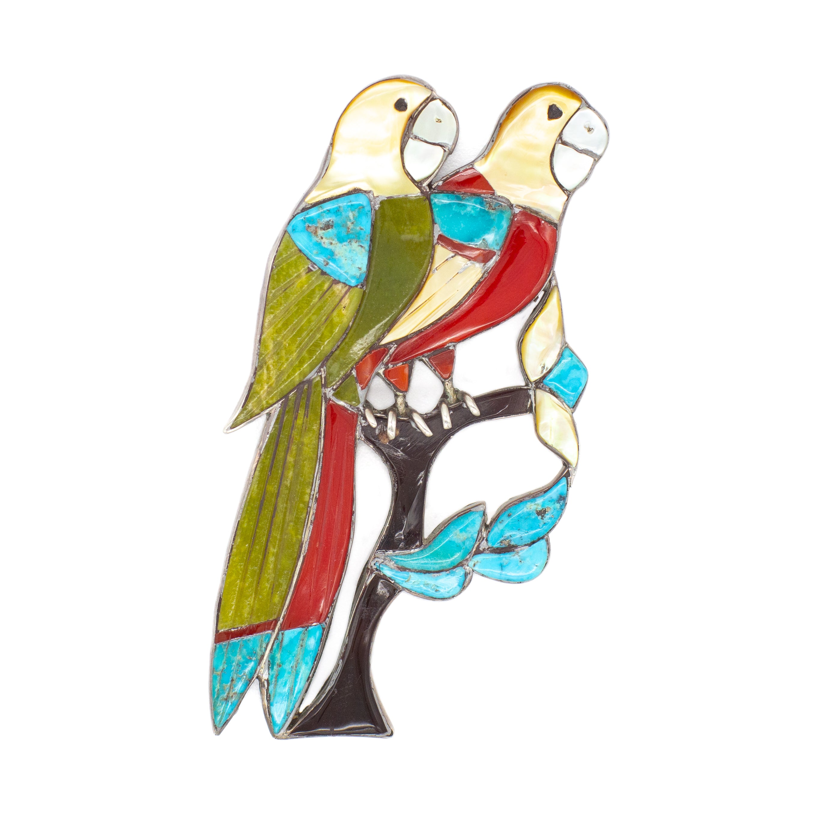 Zuni Handmade Double Parrot Multi-Inlay Sterling Silver Pin