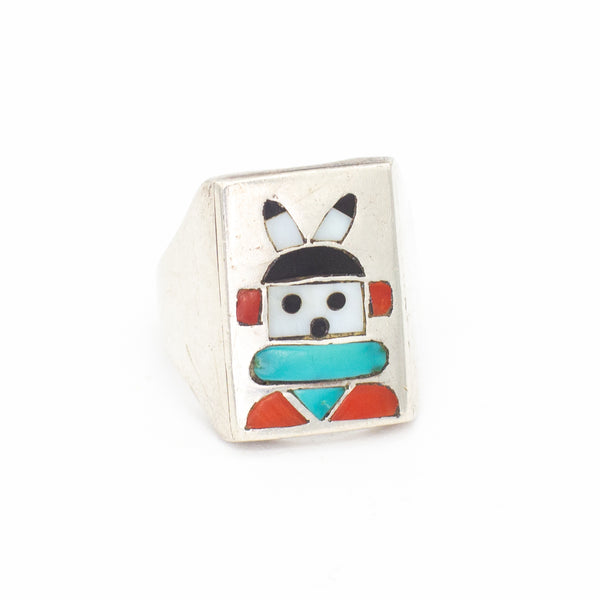 Frank Vacit Zuni Handmade Jet Natural Turquoise, Mediterranean Coral & Mother of Pearl Ring