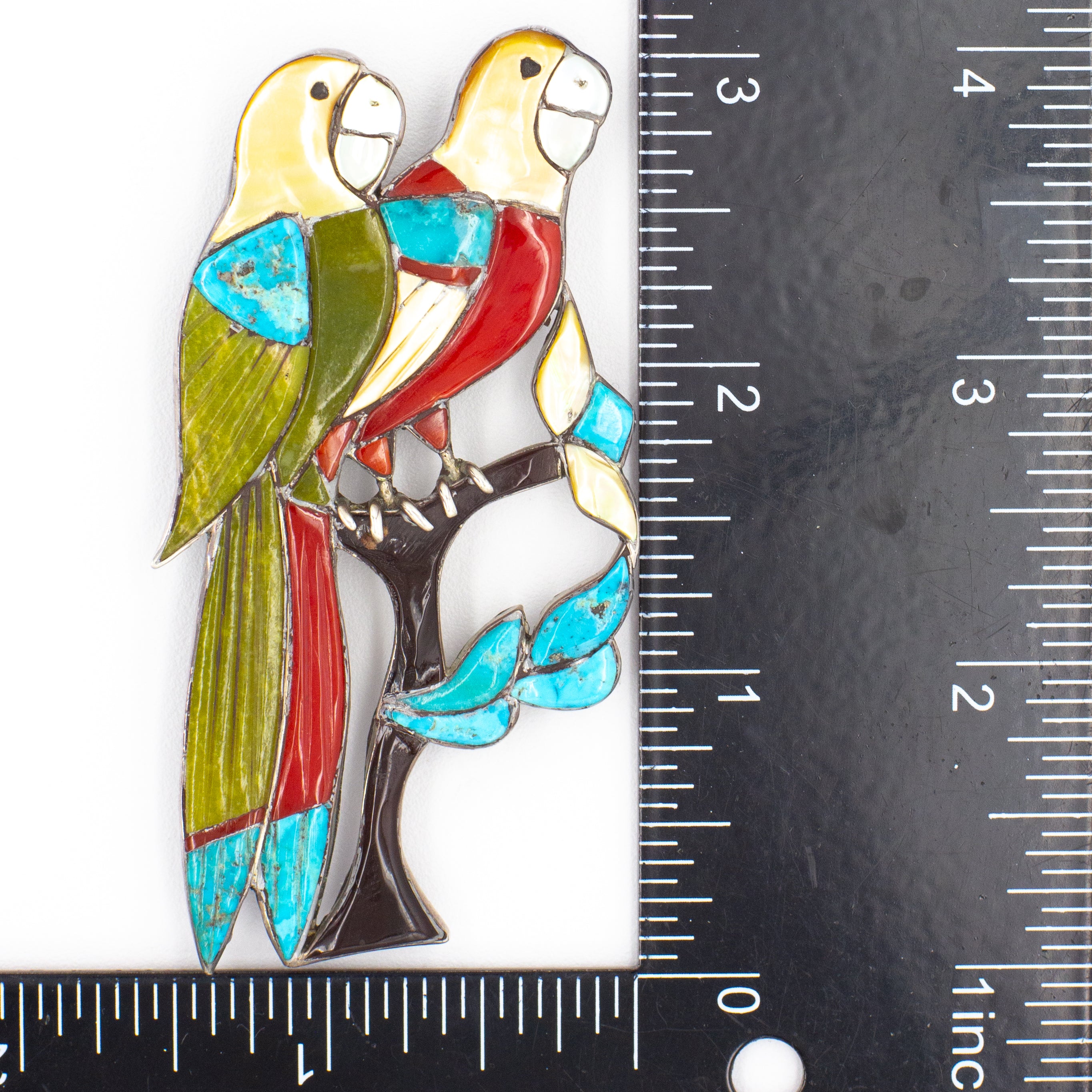 Zuni Handmade Double Parrot Multi-Inlay Sterling Silver Pin